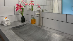 The unique design of the master bath sink is one of the more impressive features of this villa rental in Manuel Antonio.