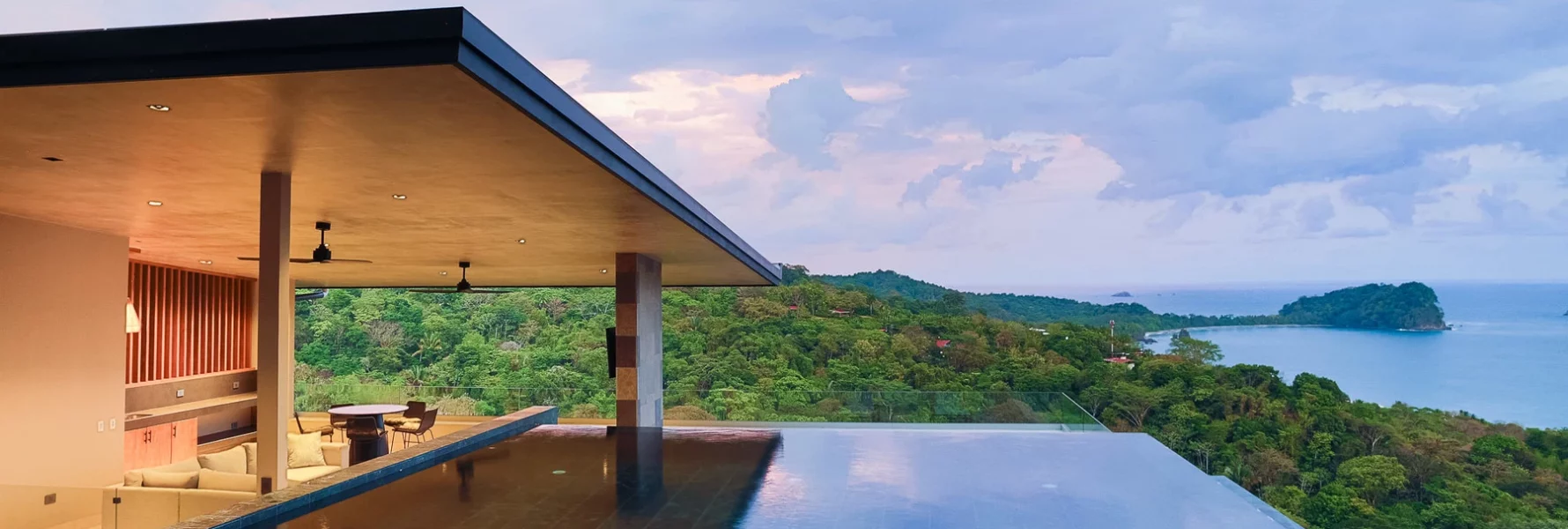This luxurious rooftop infinity saltwater pool floats high above the rainforest overlooking the Pacific.